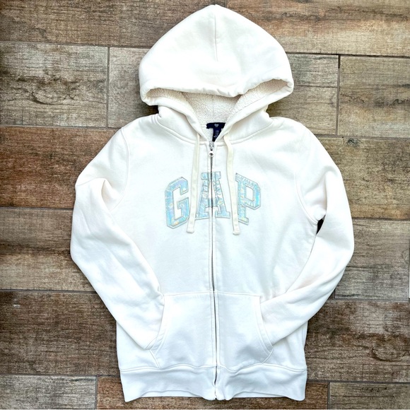 GAP Sherpa Lined Hoodie Jacket Iridescent Logo XS - Picture 2 of 6